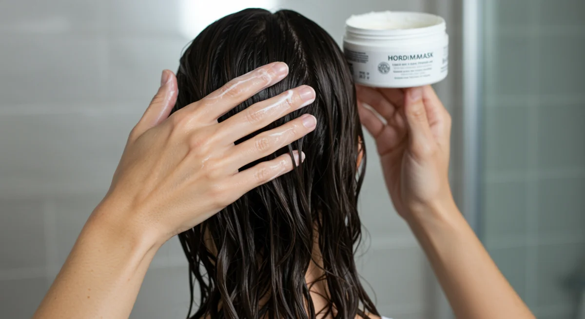 Applying a hair mask to wet hair for deep conditioning.
