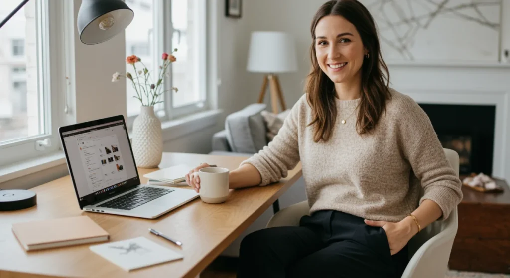 Woman in comfortable, stylish work-from-home outfit at desk