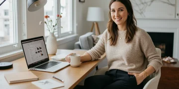Woman in comfortable, stylish work-from-home outfit at desk