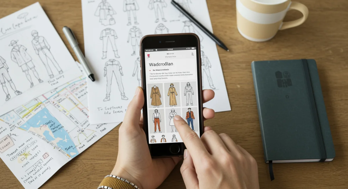 Person planning travel outfits using a digital wardrobe app on a smartphone.