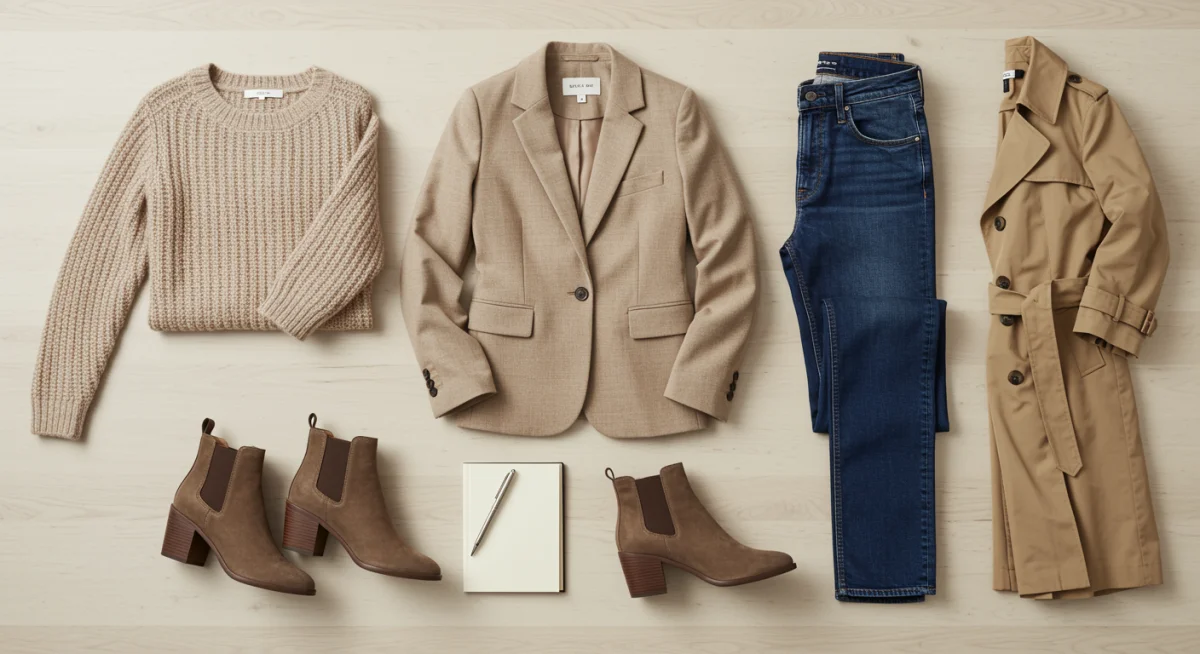 Flat lay of five essential fall wardrobe pieces for versatile styling