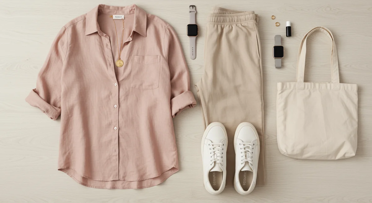 Flat lay of linen shirt, wide-leg sweatpants, and minimalist accessories