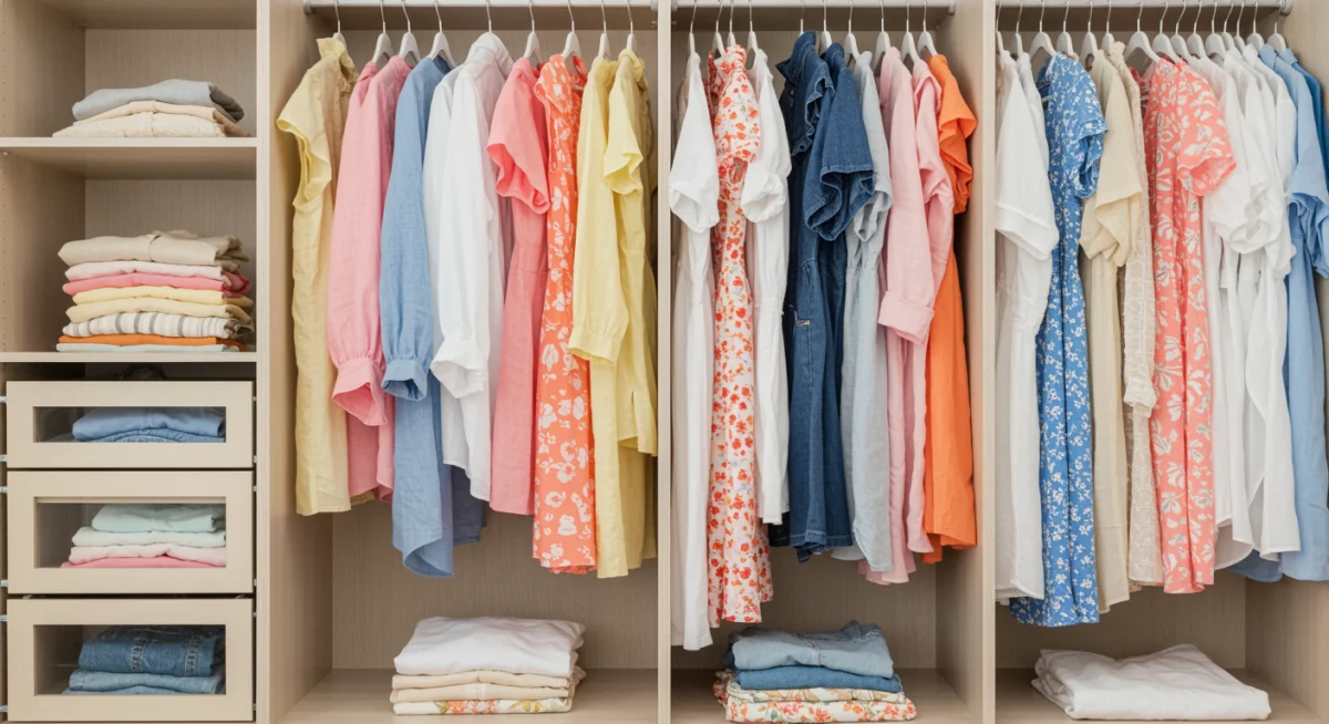Organized closet with spring and summer clothes for a seasonal style refresh