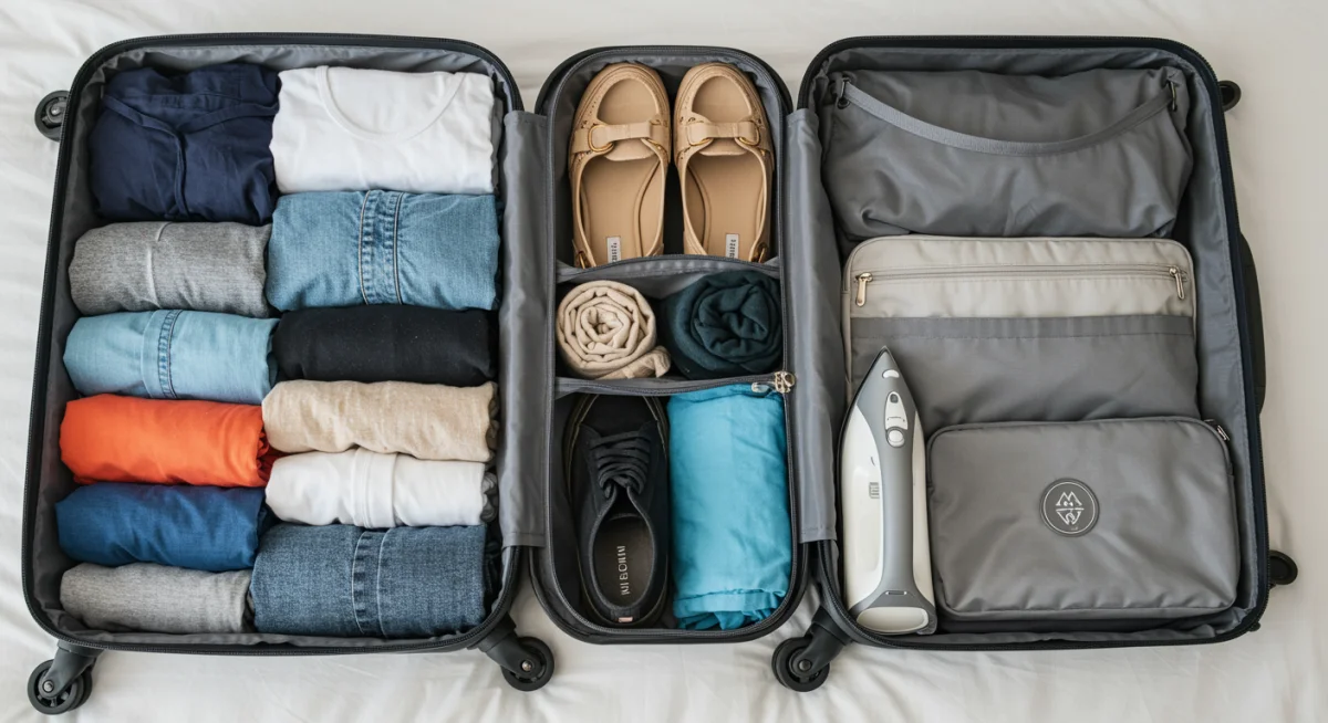 Organized suitcase with capsule wardrobe and packing cubes for efficient travel.