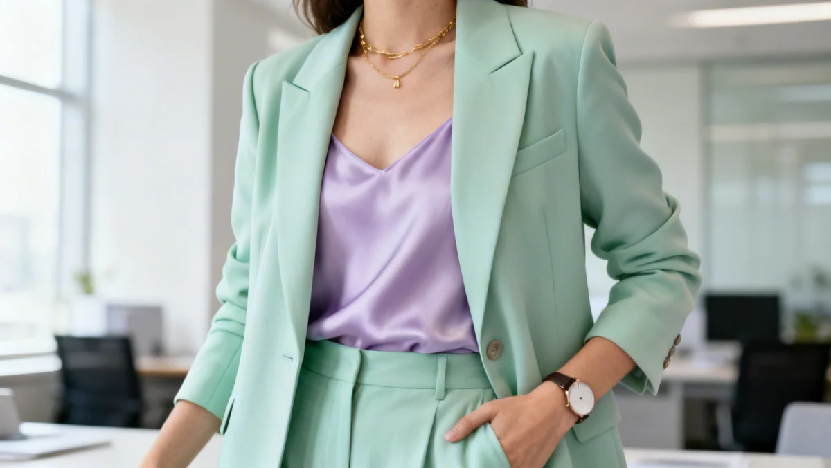 Professional woman demonstrating smart tailoring with a pastel blazer and silk top in a modern office.