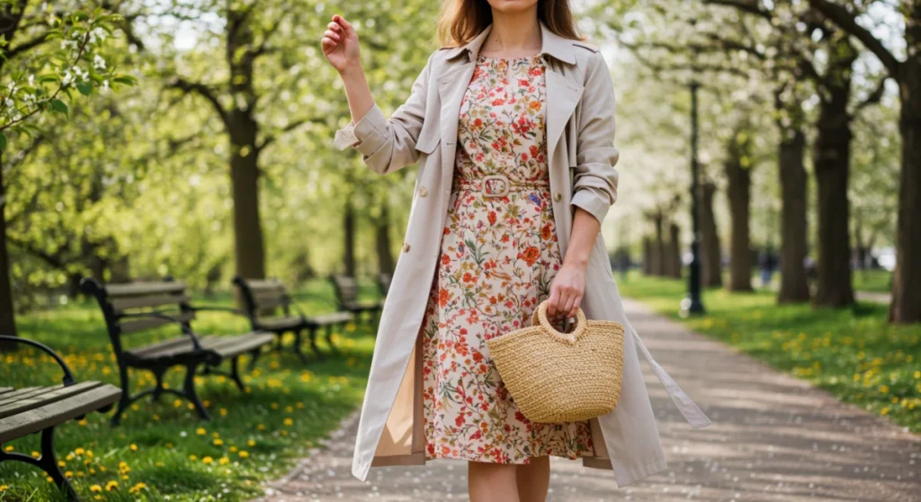 Woman in floral dress and trench coat, symbolizing spring to summer fashion transition