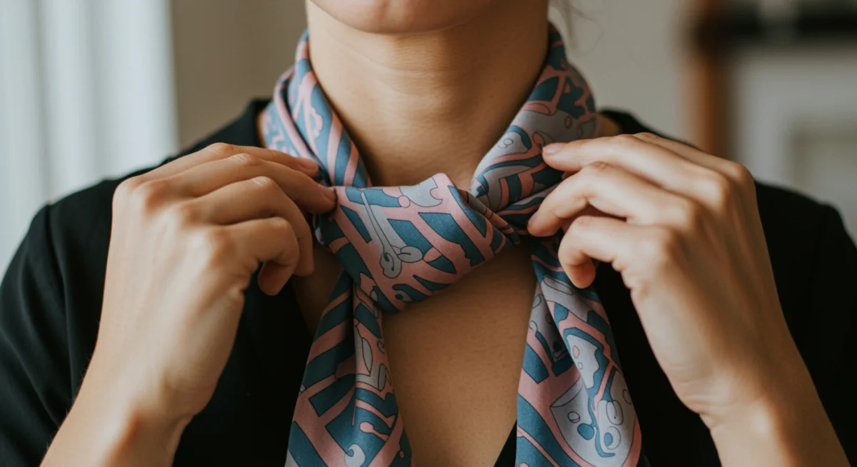 Hands styling a versatile silk scarf around the neck for a chic look