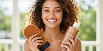 Woman with a perfect sun-kissed glow holding self-tanner and mitt