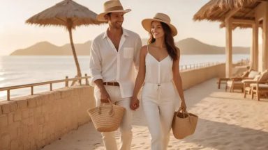 Monochrome vacation outfits with raffia accessories – tips