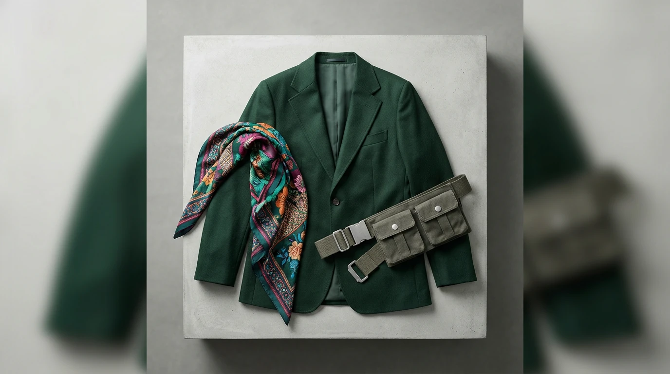 A collage of fashion items featuring a green wool blazer, a vibrant silk scarf, and a canvas utility belt, symbolizing diverse contemporary style trends.