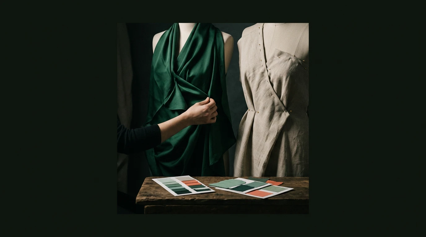 A close-up, dramatic photograph of a hand adjusting emerald green silk fabric, showcasing principles of silhouette and color theory, with complementary swatches on a dark wooden surface.
