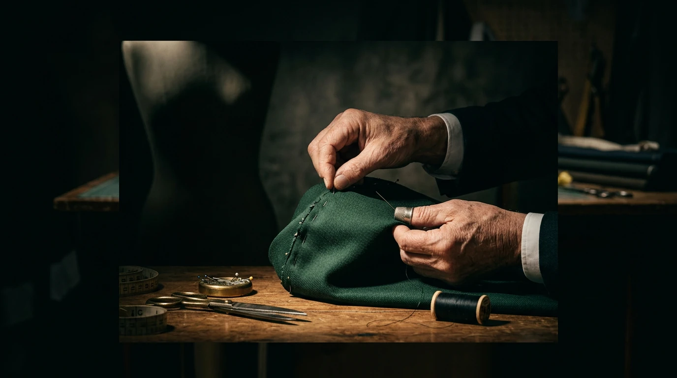 Close-up of a tailor's hands pinning dark green gabardine fabric onto a mannequin, illustrating fit and quality in fashion styling.