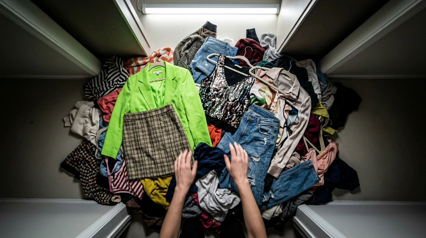 A person's hands searching through an extremely cluttered and disorganized wardrobe, filled with a jarring mix of clothing styles and colors, illustrating the chaos of blindly following fashion trends.